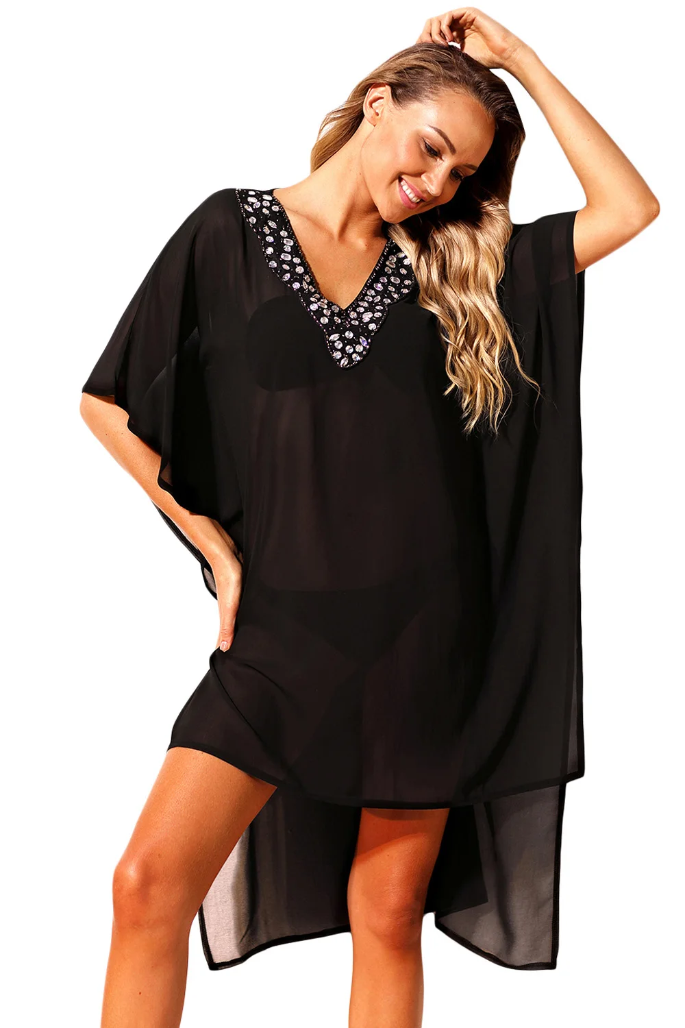 Rhinestone-V-Neck-Black-Sheer-Kimono-Beach-Cover-Up-Dress-LC42236-2-2