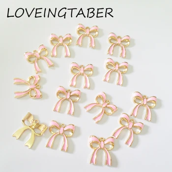 

Wholesale 20mm*18mm 30pcs/lot Gold Color Pink Enamel Bowknot Charms Pendants For DIY Bracelet Making