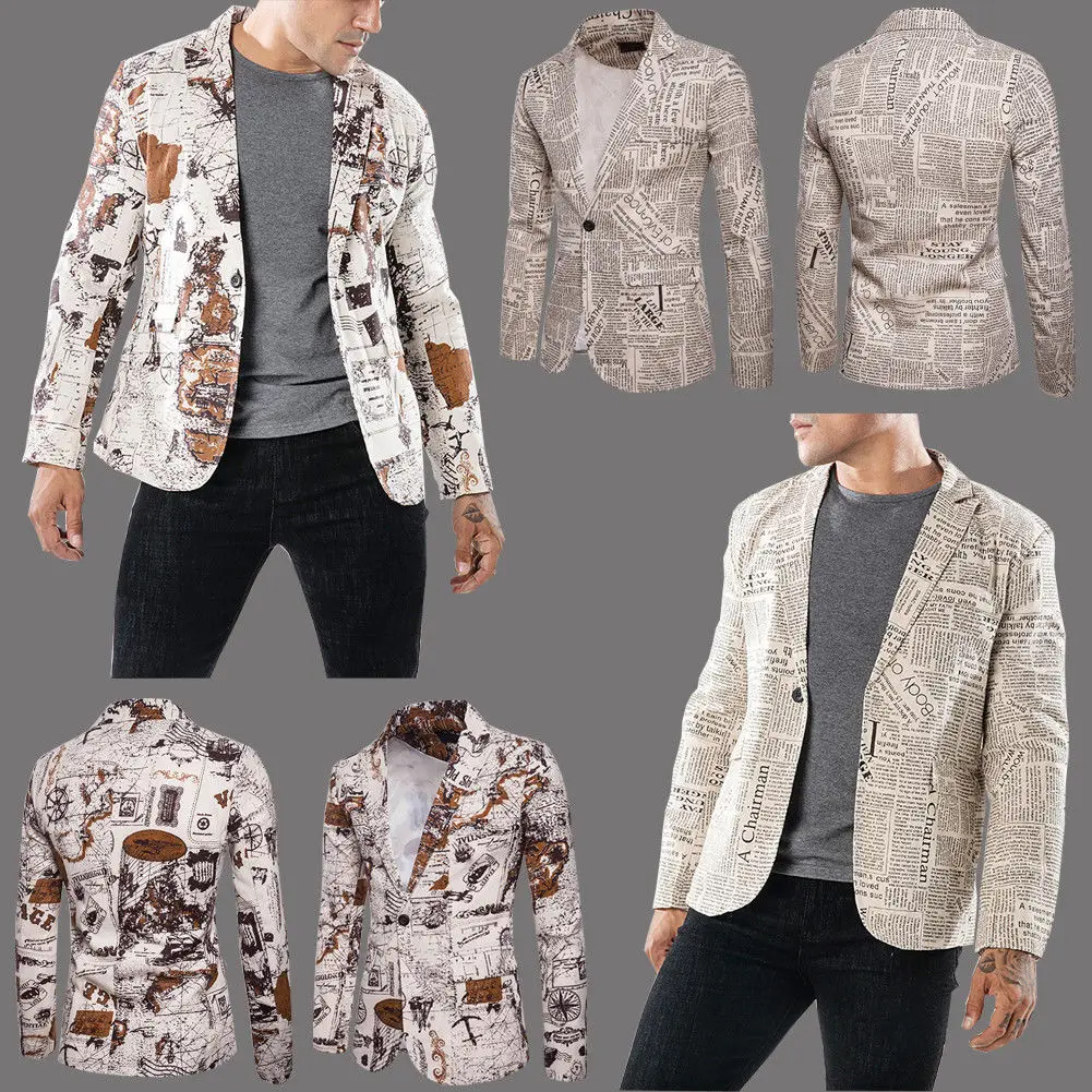 Hirigin Для мужчин Блейзер Повседневное Slim Fit One Button Для мужчин костюмы 2018 стимпанк Для мужчин модные Для Мужчин's Pritned пиджаки Blazer одежда новый