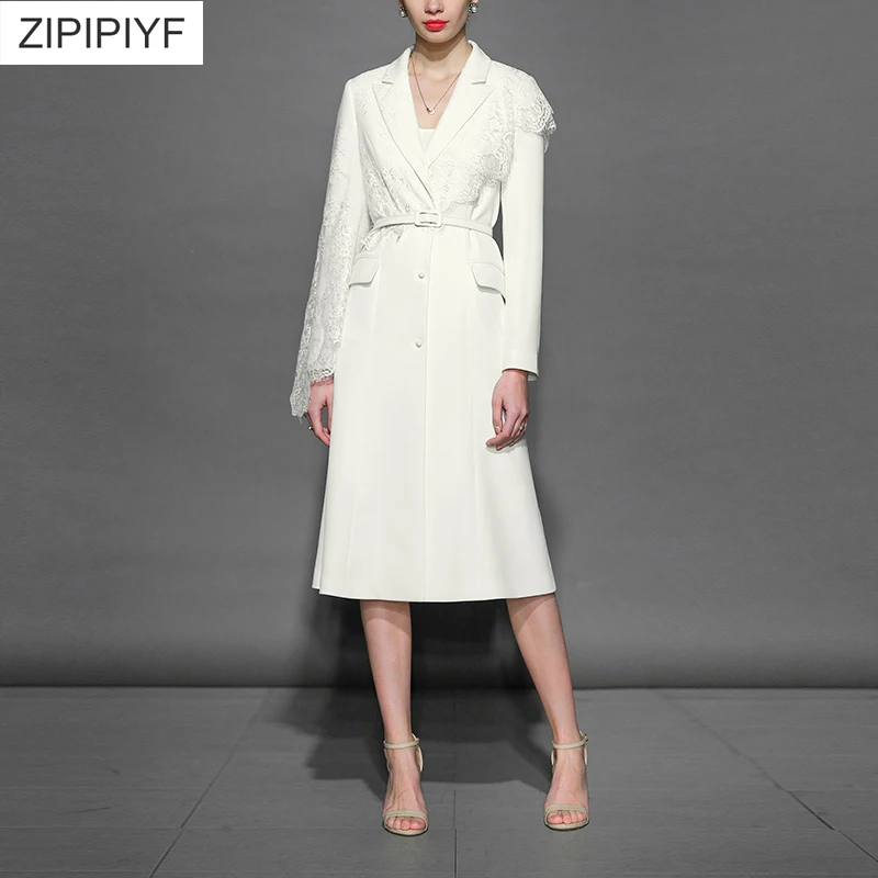 

High Quality Women's Newest Fashion Runway White Tretch Coat Chic Lace Patched Slim England Style Elegant Long Coat Overcoat