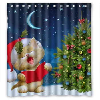

Cute Cat Christmas Tree Polyester Waterproof Shower Curtain 66"(w) x 72"(h)