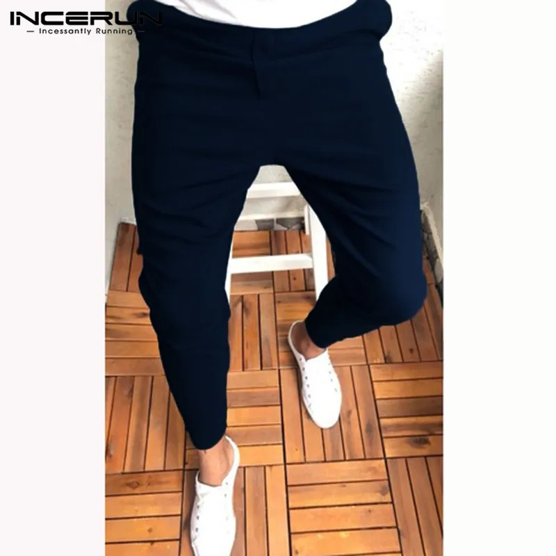 INCERUN повседневные мужские брюки Кнопка Slim Fit джоггеры узкие брюки мужские однотонные Модные мужские деловые брюки Pantalon уличная