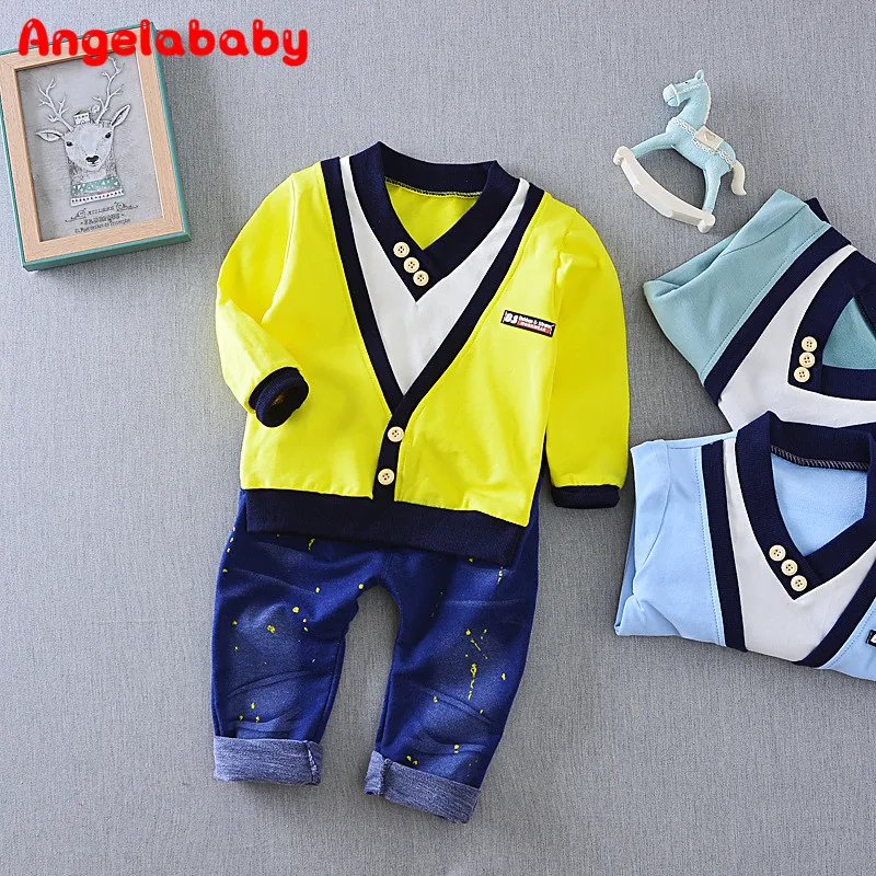 Комплекты одежды для малышей, новая весенняя футболка и штаны, комплект детской одежды из 2 предметов, ковбойский костюм с треугольным вырезом, 0-5 лет