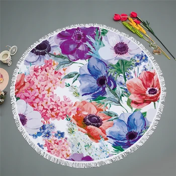 

Casegrace Colorful Floral Bath Towel With Tassels Flowers Yoga Mat Soft Microfiber Picnic Cloth Hydrophil Round Beach Towel