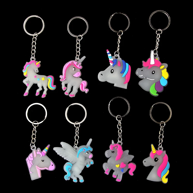 8pcs PVC Unicorn Keychain Luminous Glowing Horse Key Holder Alloy Key Ring For Woman Girls Gift Jewelry Wholesale mix Fashion Jewelry