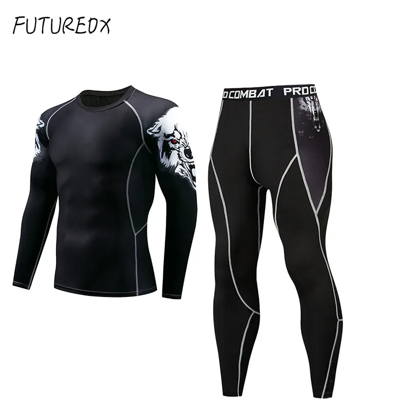 

New 3D Junior Wolf Compression Costume Men's Functional Long Sleeve MMA Rashguard Fitness Men's Sports Training T-Shirt Set