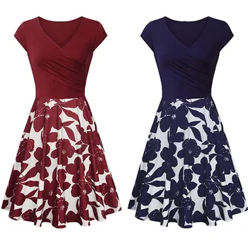 

Summer Women Elegant Short Sleeve Cross Skirts Vintage Hepburn Elegant Flared A-Line Navy Party Night Skirts vestidos