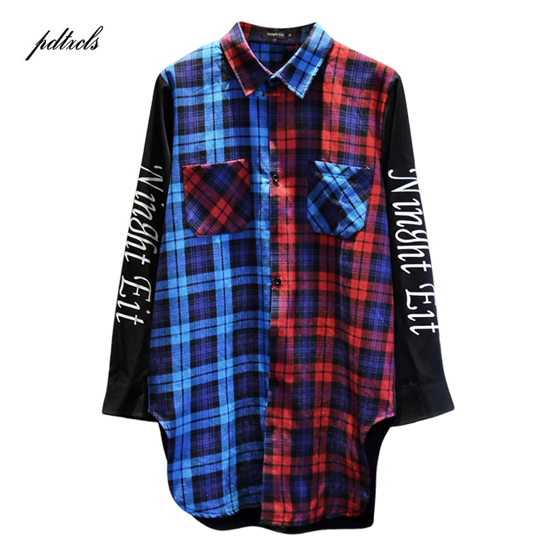 

Drop Shipping Guo-Chao Tang 2019 new spring/summer long style casual hip-hop men shirt red-blue grid loose street long sleeves