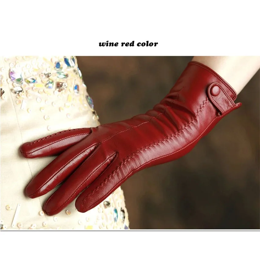 Women Genuine Leather Gloves Top Quality Goatskin Gloves Wrist Buckle Winter Sheepskin Leather Gloves Female Driving Gloves 860