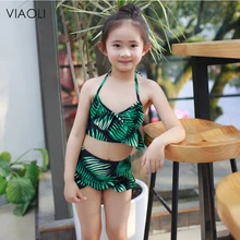 VIAOLI От 4 до 11 лет 3 шт./компл. Детские купальники бикини для девочек детский набор для купания лист печати Холтер ремень Купальники Falbala дети Biquini