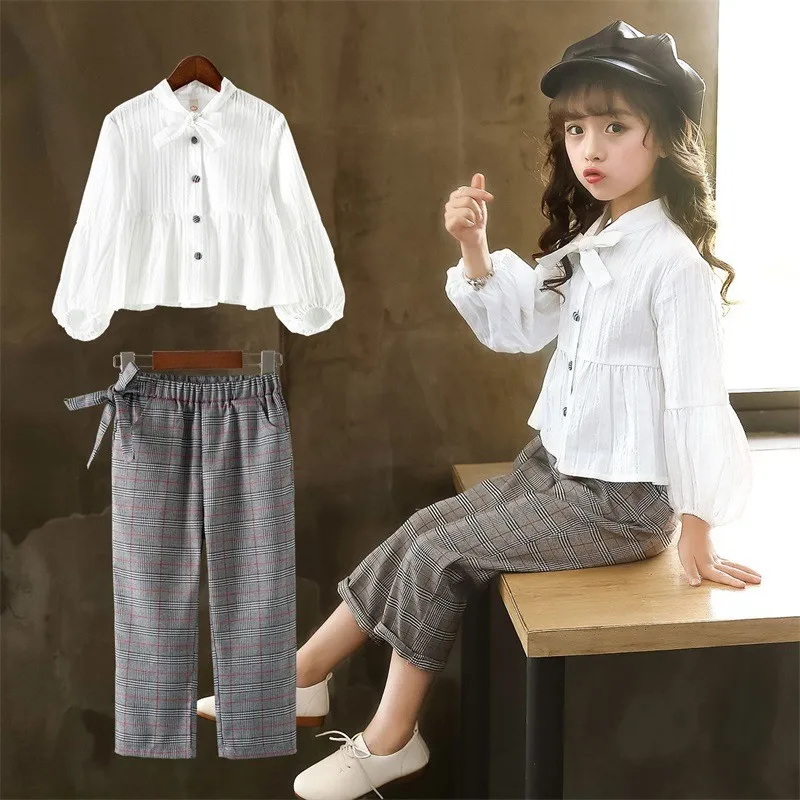 

New 2019 Spring Autumn Girls Coat Set For Cildren 3-12Y Clothing Kids Long Sleeve Bowknot V-Neck Coat + Plaid Pants 2Pcs Suit