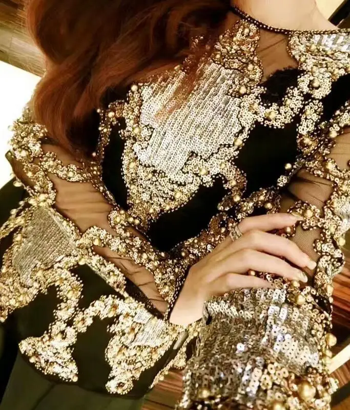 

Women's Luxury Vintage Shiny sequins paillette Beaded Shirt Female Club Party Dancing Performance Pullover Tops Tees TB585