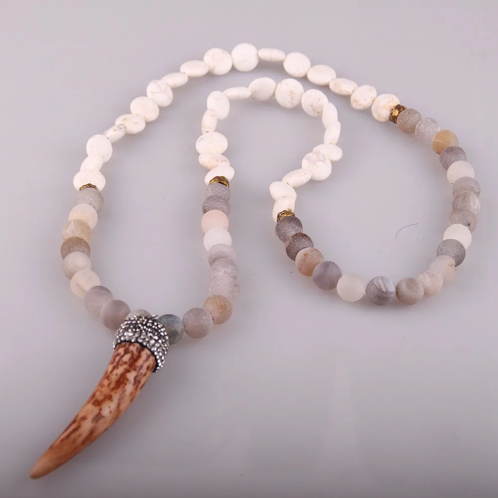 

Fashion Open Smile Druzy Natural Stones Link Bead Stones white flat with Ox Horn Pendant Necklace Handmade Women Jewelry
