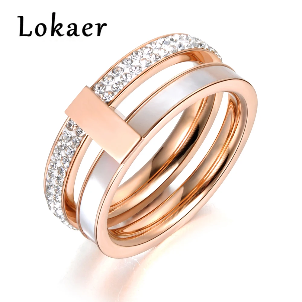 

Lokaer Rose Gold Color 2 Layers Rhinestone & Shell Wedding Rings Jewelry 316L Stainless Steel Engagement Ring Drop shipping