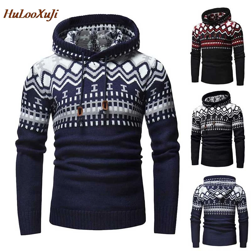 HuLooXuJi мужчкой контрастный цвет тянущийся свитер Мода Тонкий пуловер вязать с капюшоном зимние свитера нам Размеры: M-2XL