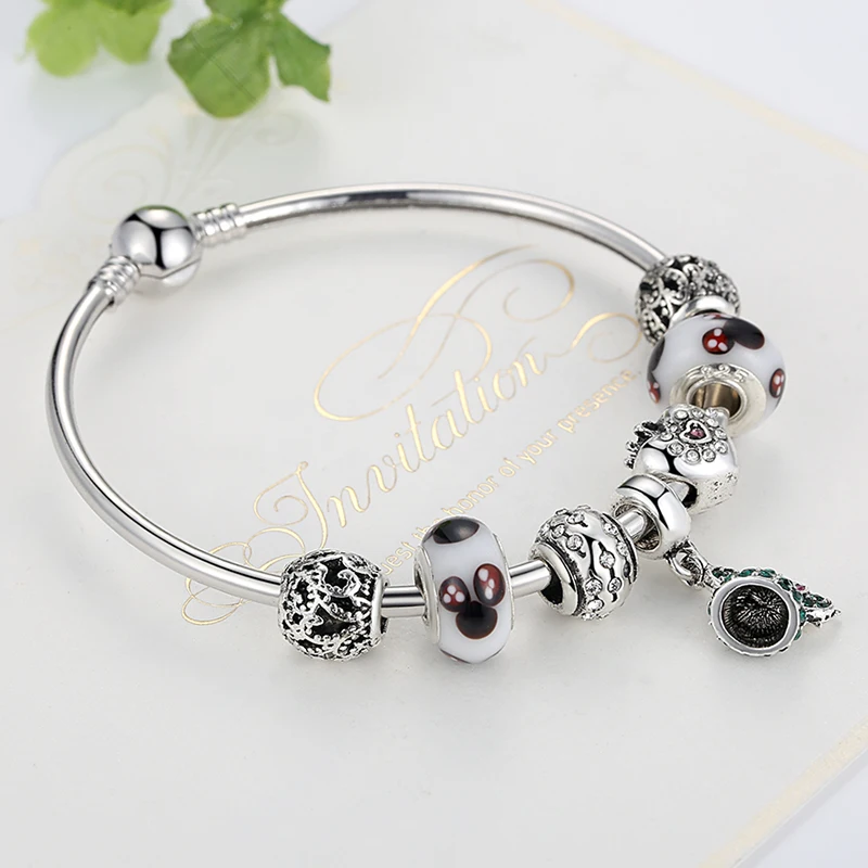 ELESHE Silver Strand Bracelet Lovely Minnie Pendant Bracelets Bangle Jewelry DIY Murano Glass Beads Charm Bracelet for Women