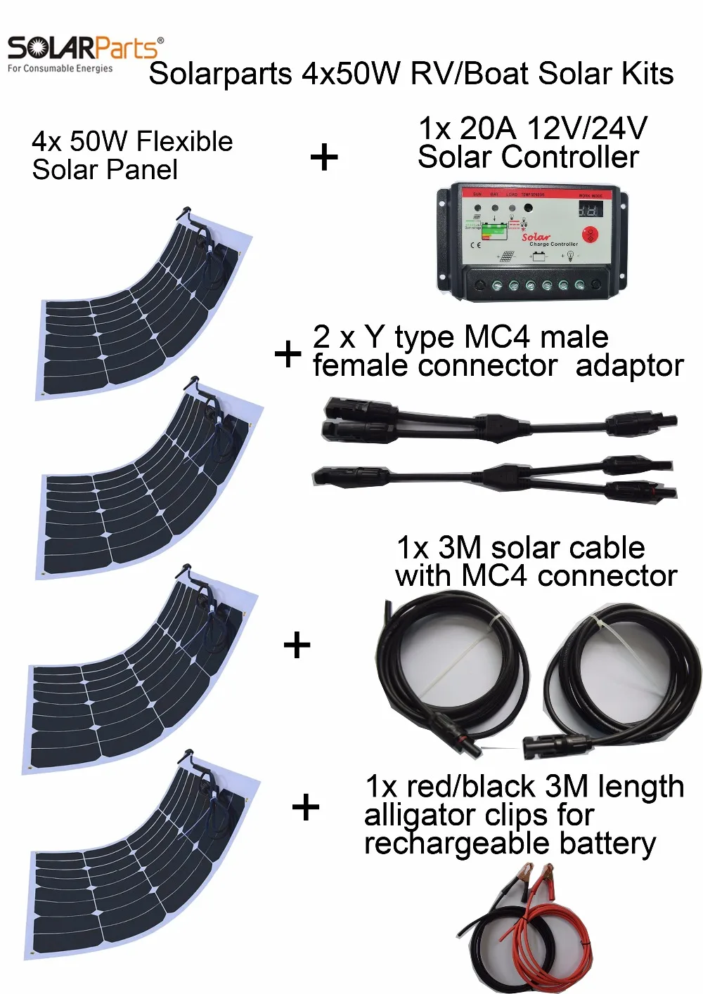 

Solarparts 4x50W DIY RV/Boat Kits Solar System 4 x50W flexible solar panel 1x 20A solar controller 1 set 3M MC4 cable 1 set clip