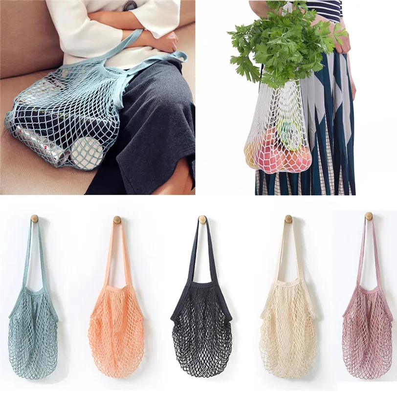 Shopping Mesh Bag Reusable Fruit String Grocery Shopper Cotton Tote Mesh Woven Net Shoulder Bag ...