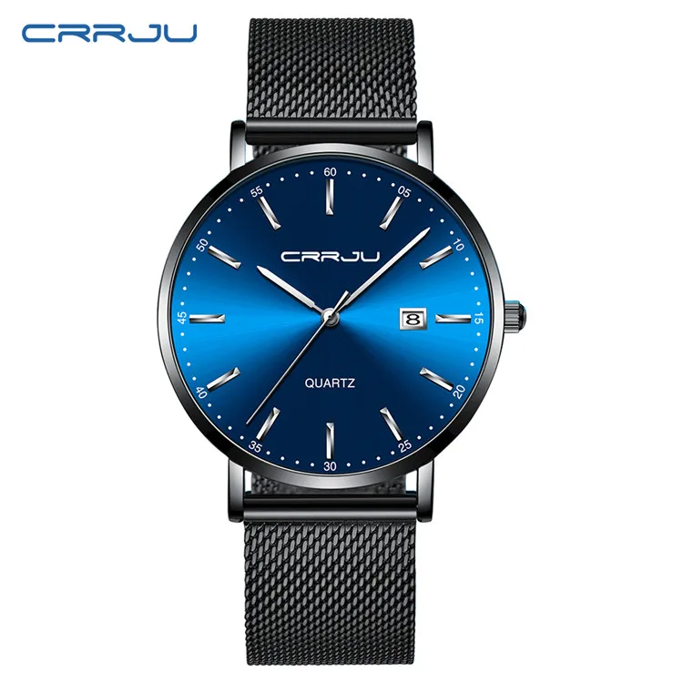 CRRJU женские часы лучший бренд роскошный женский, сетчатый ремень ультра-тонкие часы из нержавеющей стали водонепроницаемые часы кварцевые часы Reloj Mujer - Цвет: black blue silver