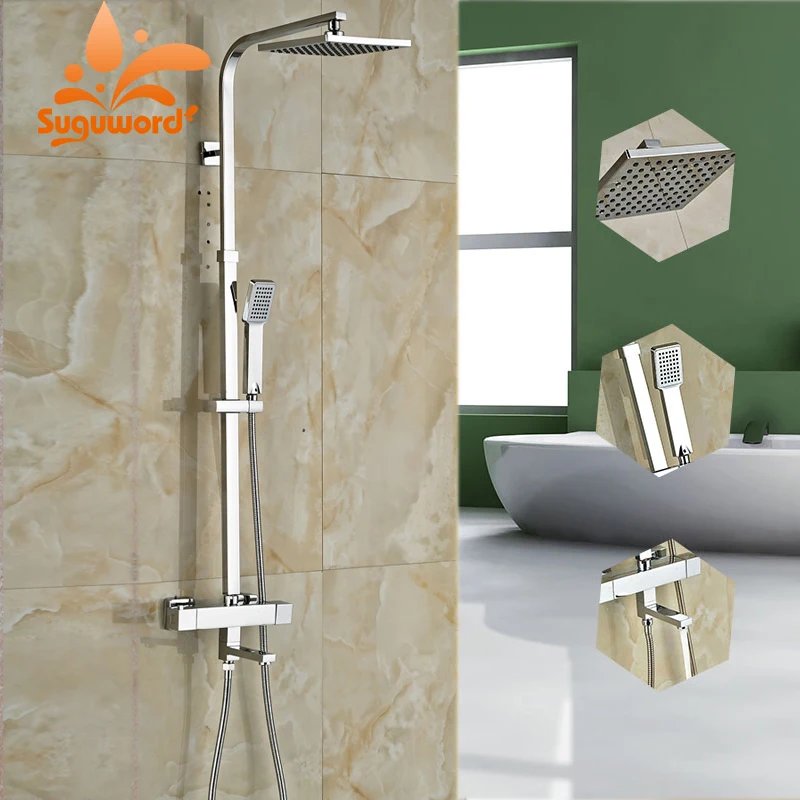 

Suguword Chrome Thermostatic Bathroom Shower Faucet Set with Tub Faucet Hot and Cold Water Switch Wall Mounted System Mixer