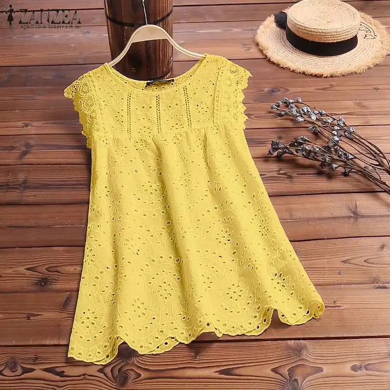 

Lace Tank Tops Women's Summer Vest 2019 ZANZEA Summer Solid Hollow Camis Blusas Female Patchwork Sleeveless Shirts Casual Tunic