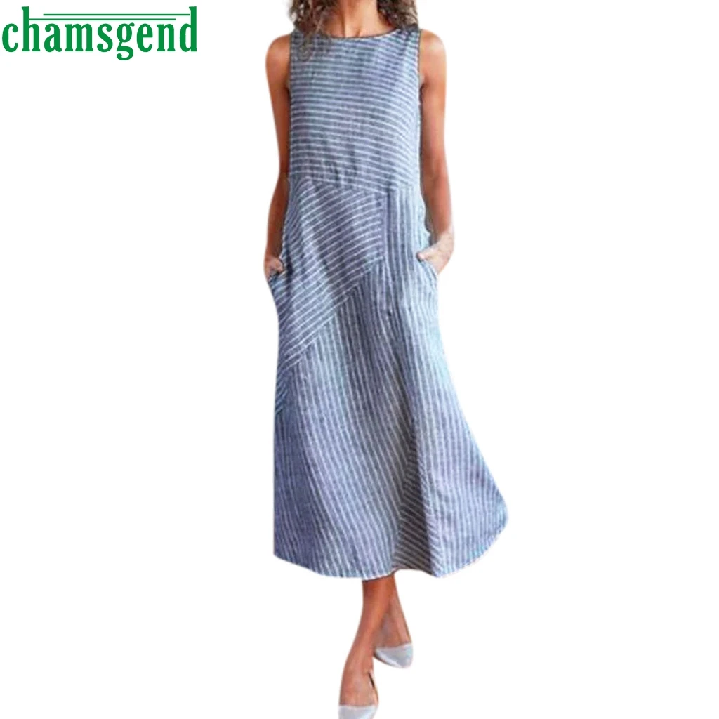 

CHAMSGEND summer Dress Women 2019 Korean Style Casual sleeveless Striped Shirt long Dress Ladies Elegant Midi Dresses Vestidos #