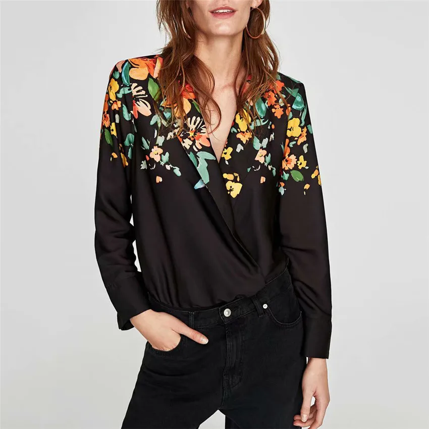 

Vintage V neck floral pattern black bodysuit crossover design loose long sleeve playsuit 2019 casual chic retro tops blusas
