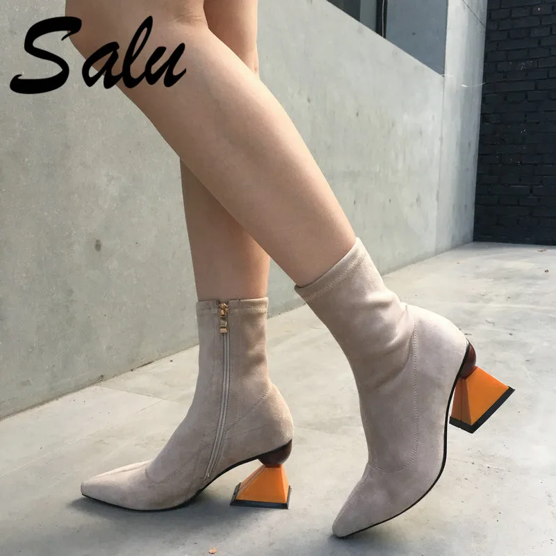 

Salu Fashion Women Ankle Boots Flock Leather Autumn Winter Warm High Heels Shoes Pointed Toe Elegant Office Lady Shoes Woman