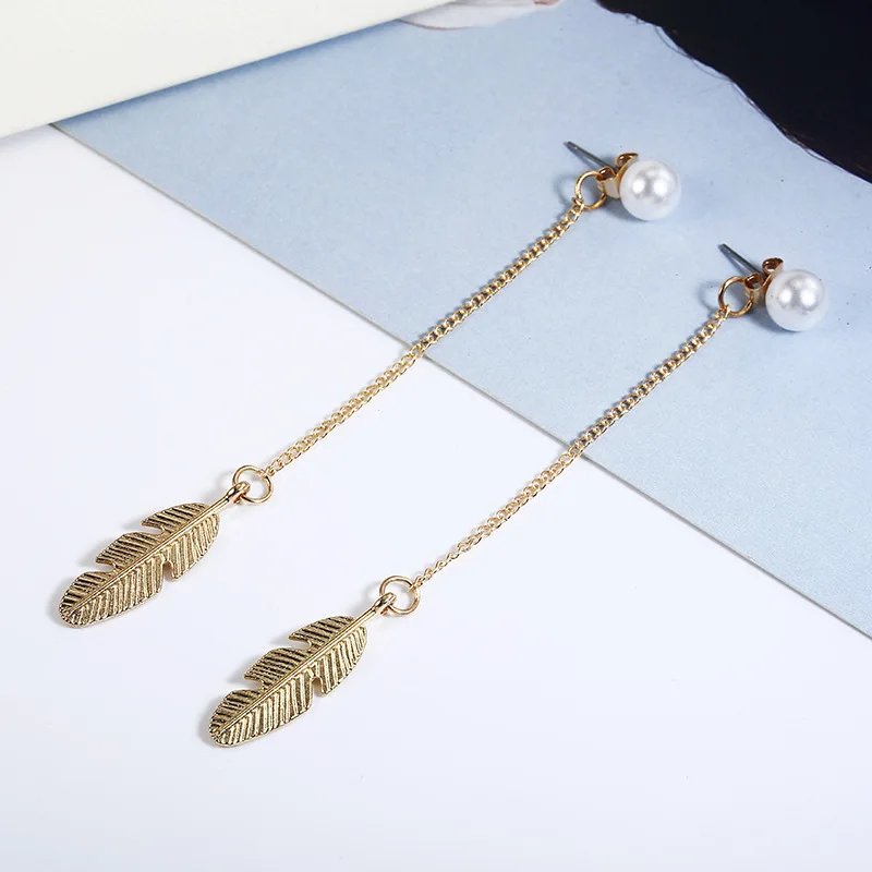 Feather Leaf Pearl Drop Earrings Women Chain Tassel Long Dangle Jewelry