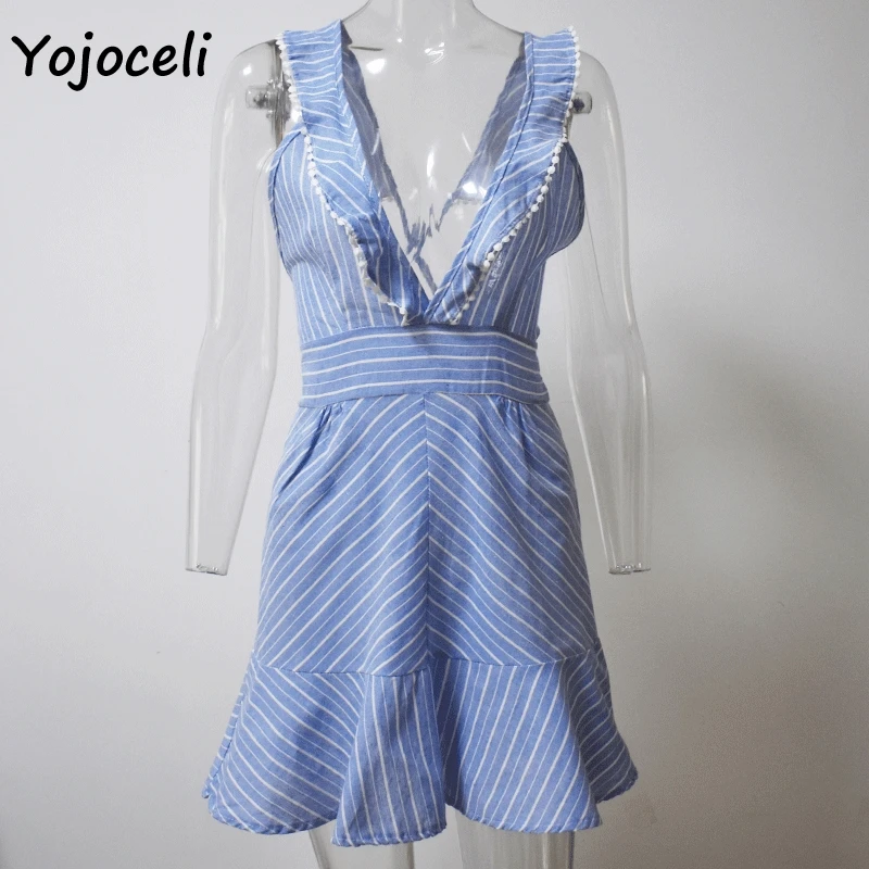 Yojoceli, сексуальное летнее платье в полоску, для женщин, с глубоким v-образным вырезом, с рюшами, с помпонами, мини-платье, Пляжное Платье для вечеринки