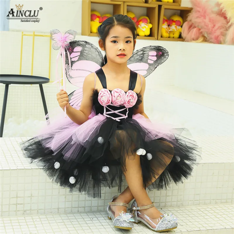От 1 до 12 лет платье-пачка с цветочным узором для девочек вечерние платья из тюля для девочек платье феи для маленьких принцесс карнавальный костюм с крыльями, волшебной палочкой и бабочками