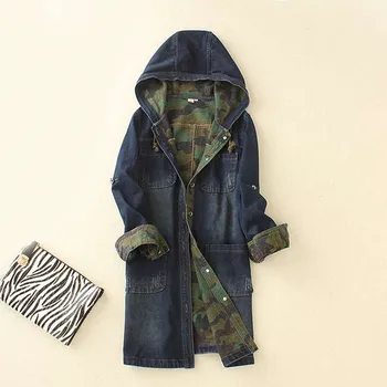 

2017 Female Single-breasted denim hooded jacket Autumn camouflage Denim Coats Long Sleeve Oversized Jean Outerwear 093003