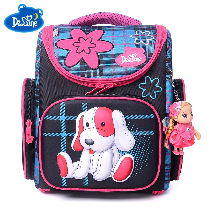 

Russia famous Backpack Delune Orthopedic School Bags girls dog Printing Ultralight Schoolbag Backpack black For Primary children