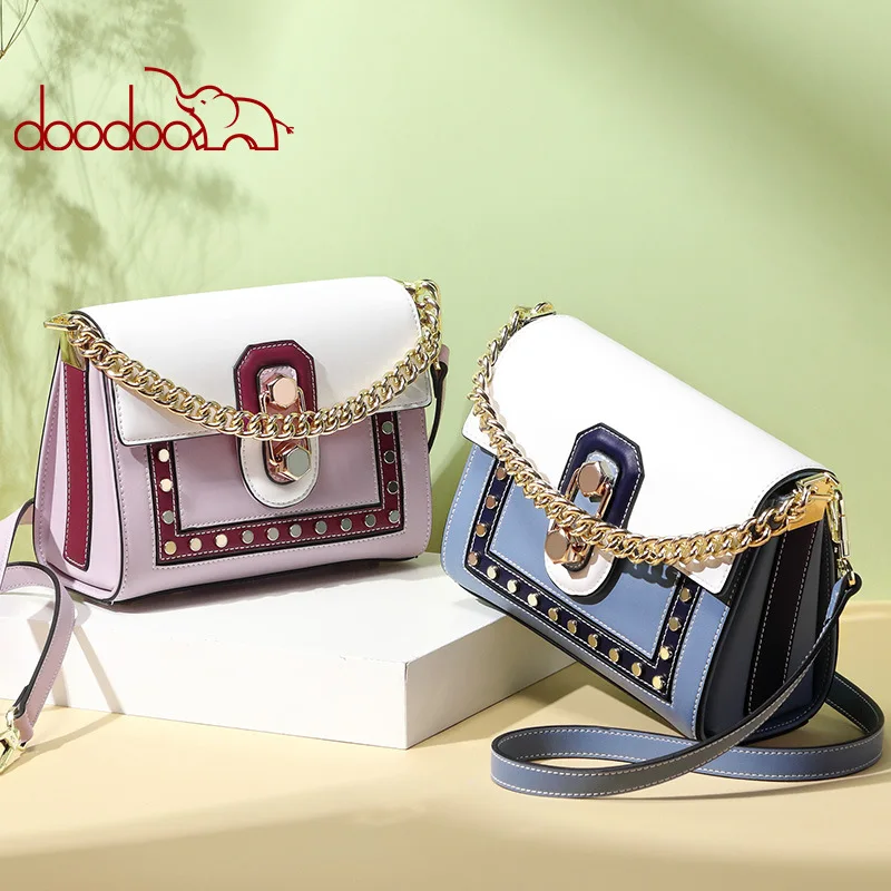 

DOODOO Rivet small square bag Stitching Shoulder Messenger Bag PU Leather top-handle bags Luxury handbags women bags designer