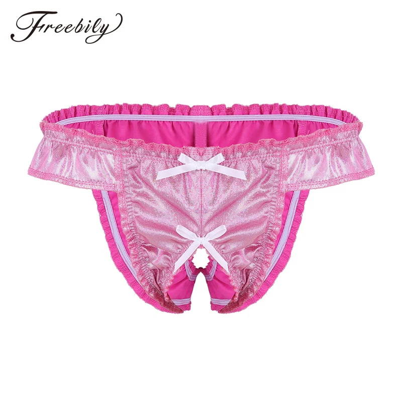 

Men Soft Shiny Ruffle Bowknot Sissy Panties Low Rise Stretchy Open Crotch Underwear Sexy Gay Male Crotchless Thong Brief