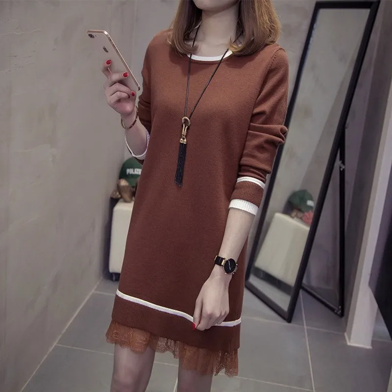 

Plus Size XL-4XL New Spirng Autumn Women Round Collar Sweater Dress Female Long Sleeve Lace Patchwork Knitted Dresses Vestidoes