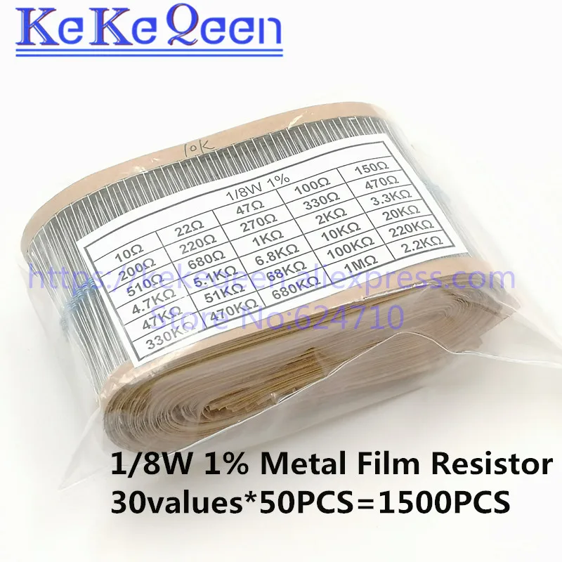 

NEW 1% 1/8W 0.125W Total 1500pcs Metal Film Assorted Kit 30 Values (10 Ohm ~1M Ohm) ,50pcs Each value