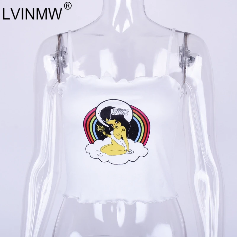 LVINMW, сексуальные топы с милым мультяшным принтом на бретельках с рюшами,, летние женские хлопковые топики с вырезом лодочкой, топы, женские футболки