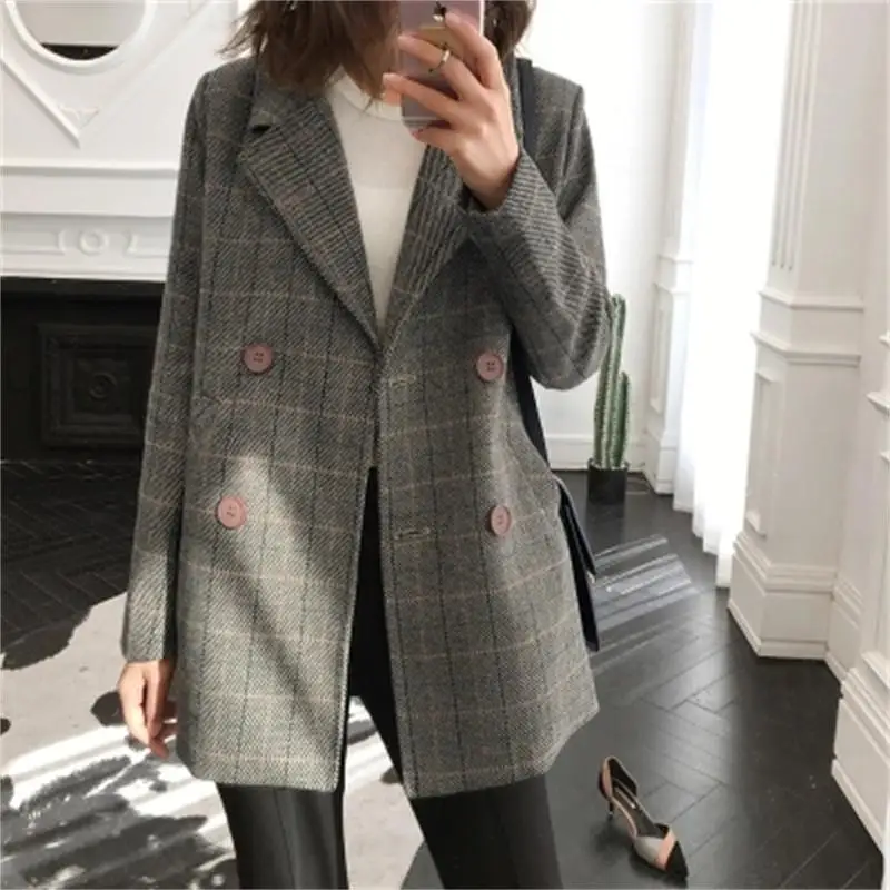 

Plaid Blazers small suit female jacket in the long paragraph spring and autumn England casual retro double-breasted plaid suit