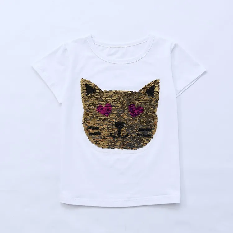 T-Shirts Cotton Girls Cool Things Cat Changing T Shirt Flip Sequin Shirt Reversible Sequin Kids Girls Tops 9