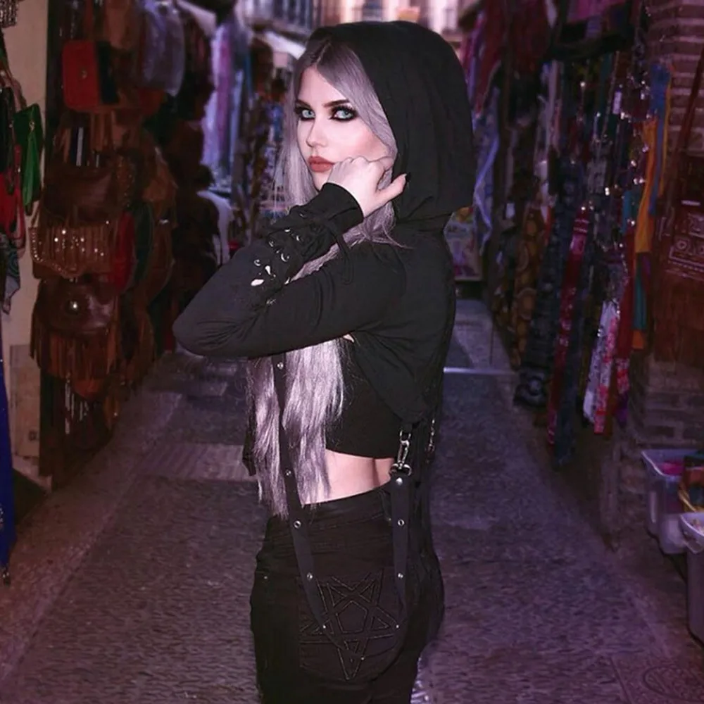 Gothic Bandage Hooded Hoodies Women Autumn Black Hole Streetwear Cool Halloween Top Female Club Sexy Cropped Hoodie Sweatshirt Gothic Bandage Hooded Hoodies Women Autumn Black Hole Streetwear Cool Halloween Top Female Club Sexy Cropped Hoodie Sweatshirt