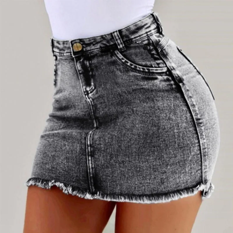 

NORMOV 2019 New Summer High Waist Womens Denim Skirts Solid Colcor Slim Pocket A-Line Above Knee Mini Short Denim Skirt