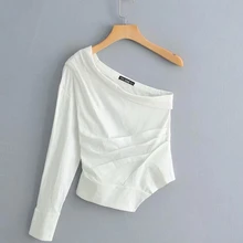 

FOR New Women Fashion Solid Color One Shoulder Pleated Shirt Blouses Women Irregular Hem White Roupas Femininas Chemise Shirt