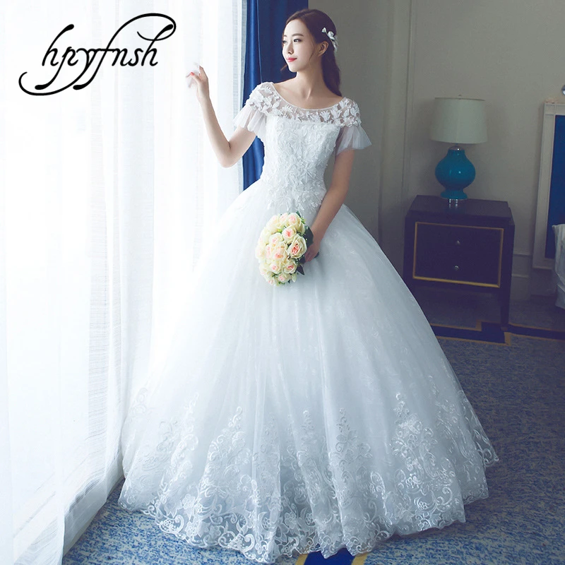 

Vestido De Noiva O-Neck Lace Appliques Wedding Dresses 2019 Short Sleeve Bridal Dress Gown Ball Marriage Customer Made Size 75