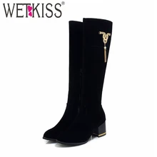 WETKISS/большой размер 33-46, женские ботинки на толстом высоком каблуке Женская обувь из флока с круглым носком, украшенная стразами, с бахромой новые зимние сапоги до колена