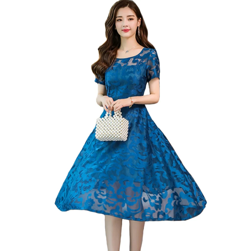 

Summer Dress Women 2019 5XL Plus Size Fashion Casual O Neck Slim Floral Lace Swing A Line Dress