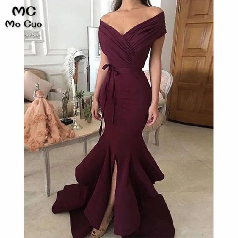 Trendy Mermaid Off-Shoulder Split Burgundy Satin Long Prom
