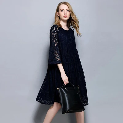 European design spring autumn women floral lace dresses plus size 4XL hollow lace women pleated dress gray blue color - Цвет: Navy