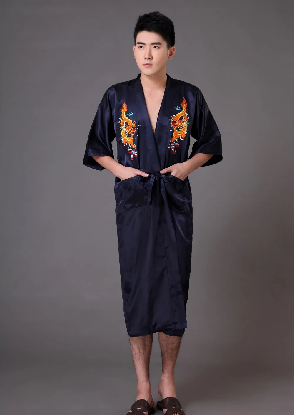 Традиционный китайский Для мужчин халат шелковый атлас пижамы вышивки Дракон кимоно юката Ванна платье Размеры s m l xl XXL, XXXL Z005