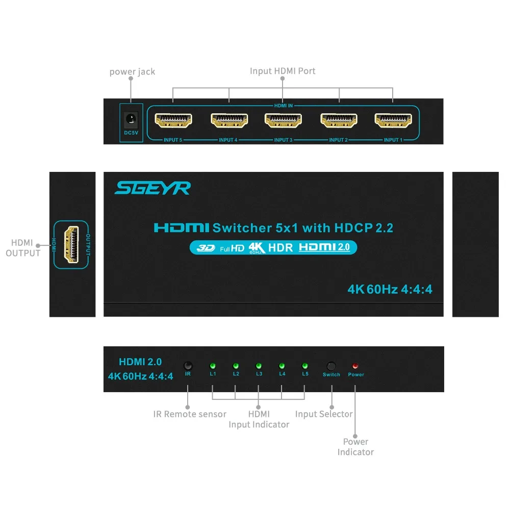 HDMI Switch SGEYR 5x1 5 Port HDMI 2.0 Switch Switcher 5 in 1 Out HDMI Switch 5 to 1 4Kx2K/60Hz HDCP2.2 with IR Remote HDMI Switch SGEYR 5x1 5 Port HDMI 2.0 Switch Switcher 5 in 1 Out HDMI Switch 5 to 1 4Kx2K/60Hz HDCP2.2 with IR Remote